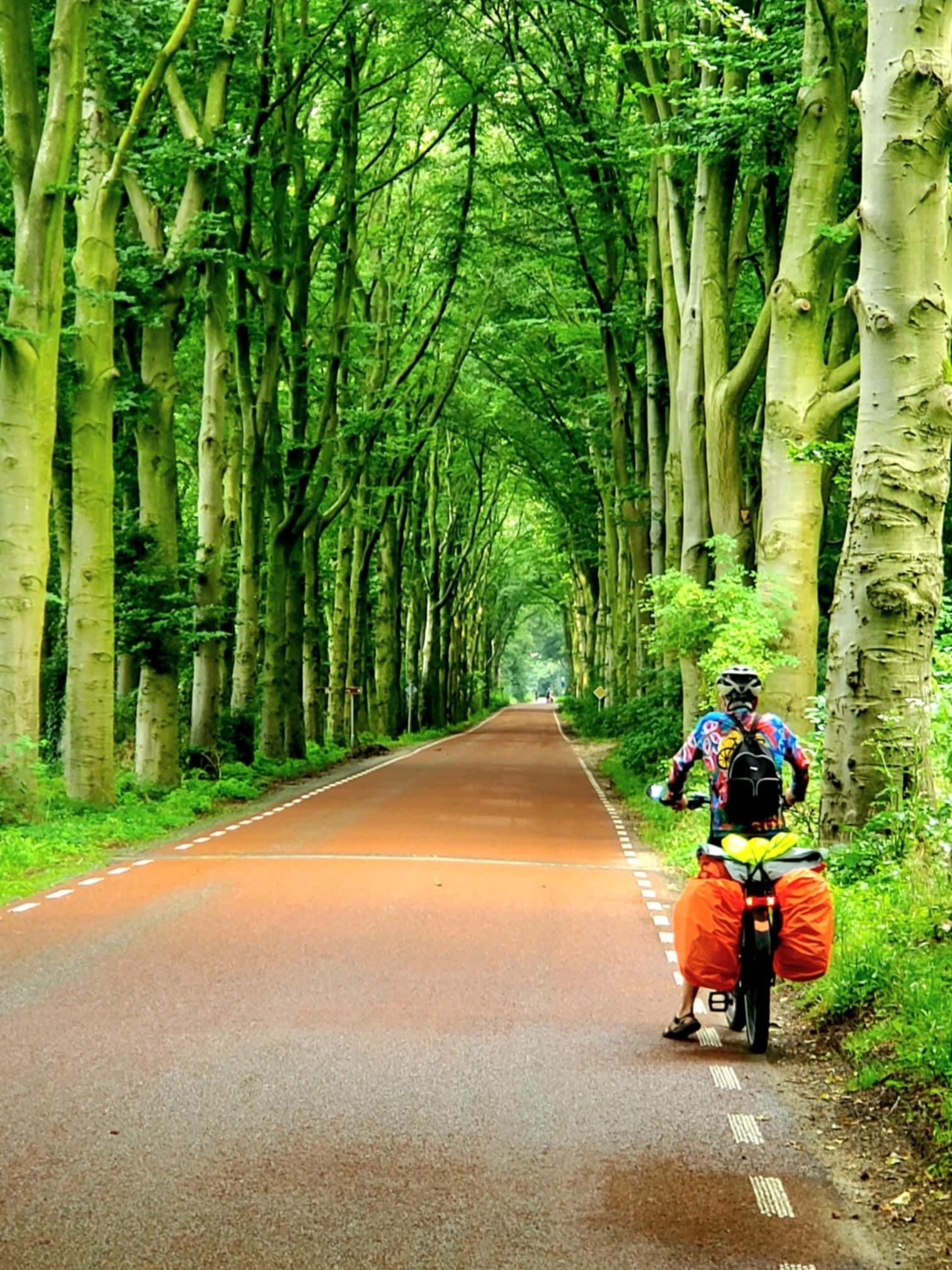 Das Bild zeigt den Testfahrer John mit dem Bike auf einem Radweg