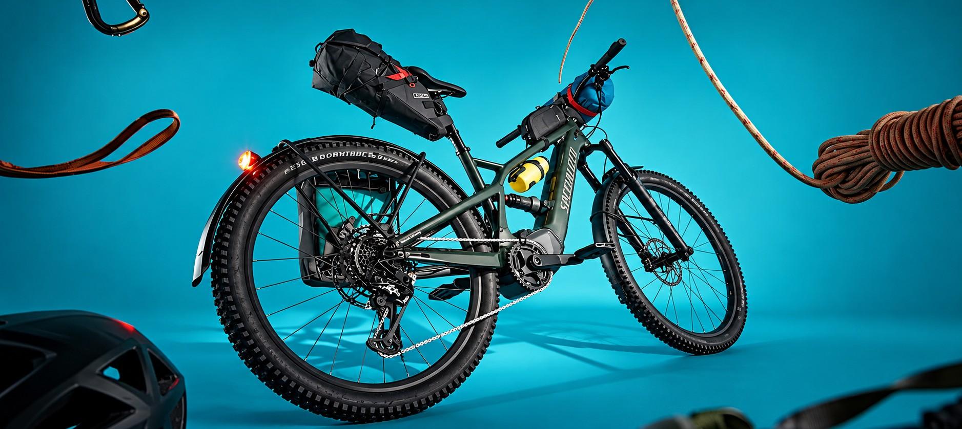 E-Mountainbike mit Zubehör vor blauem Hintergrund