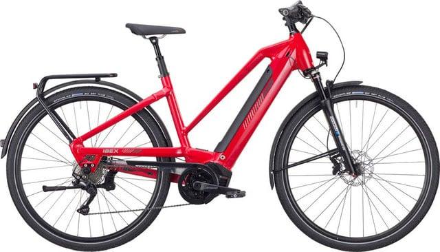 Rotes Ibex Ecomfort Neo E-Bike mit Gepäckträger und Scheibenbremsen