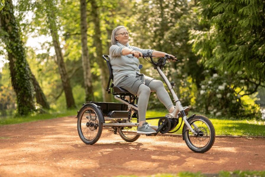 Seniorin auf Dreirad-E-Bike im Park bei sonnigem Wetter