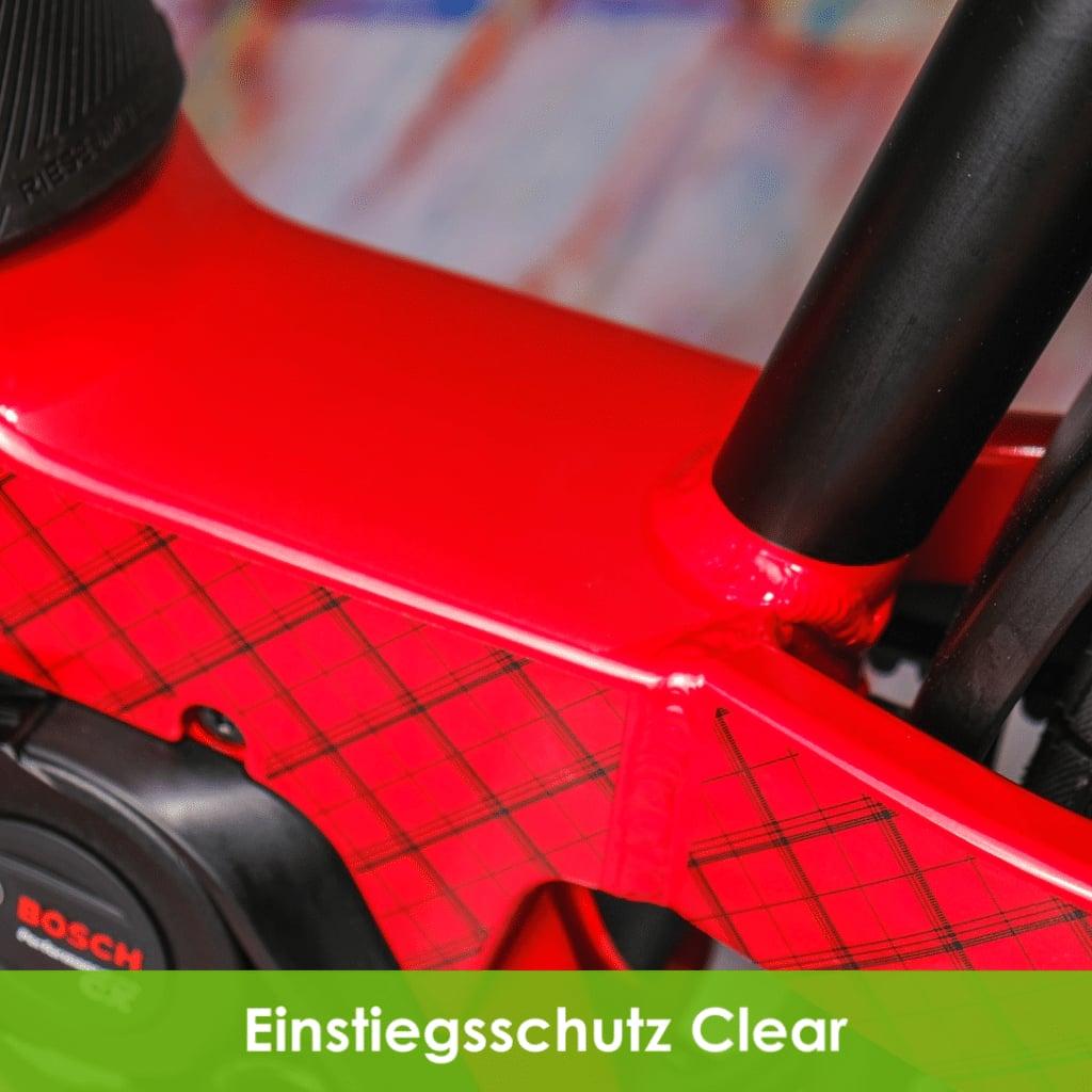 Nahaufnahme eines roten Fahrradrahmens mit Bosch-Komponente