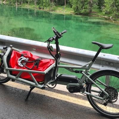 Lastenfahrrad an malerischem Seeufer mit grünem Wasser