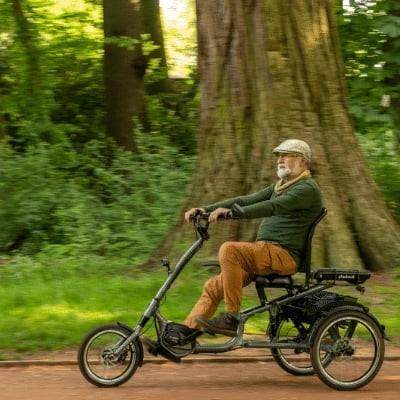 Mann auf Dreirad-E-Bike im Park vor einem großen Baum