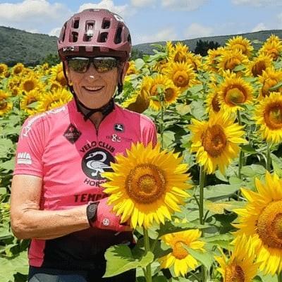 Fahrradfahrer in Sonnenblumenfeld mit rosa Trikot