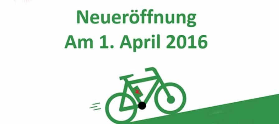 Ankündigung Neueröffnung am 1. April 2016 mit Fahrradgrafik