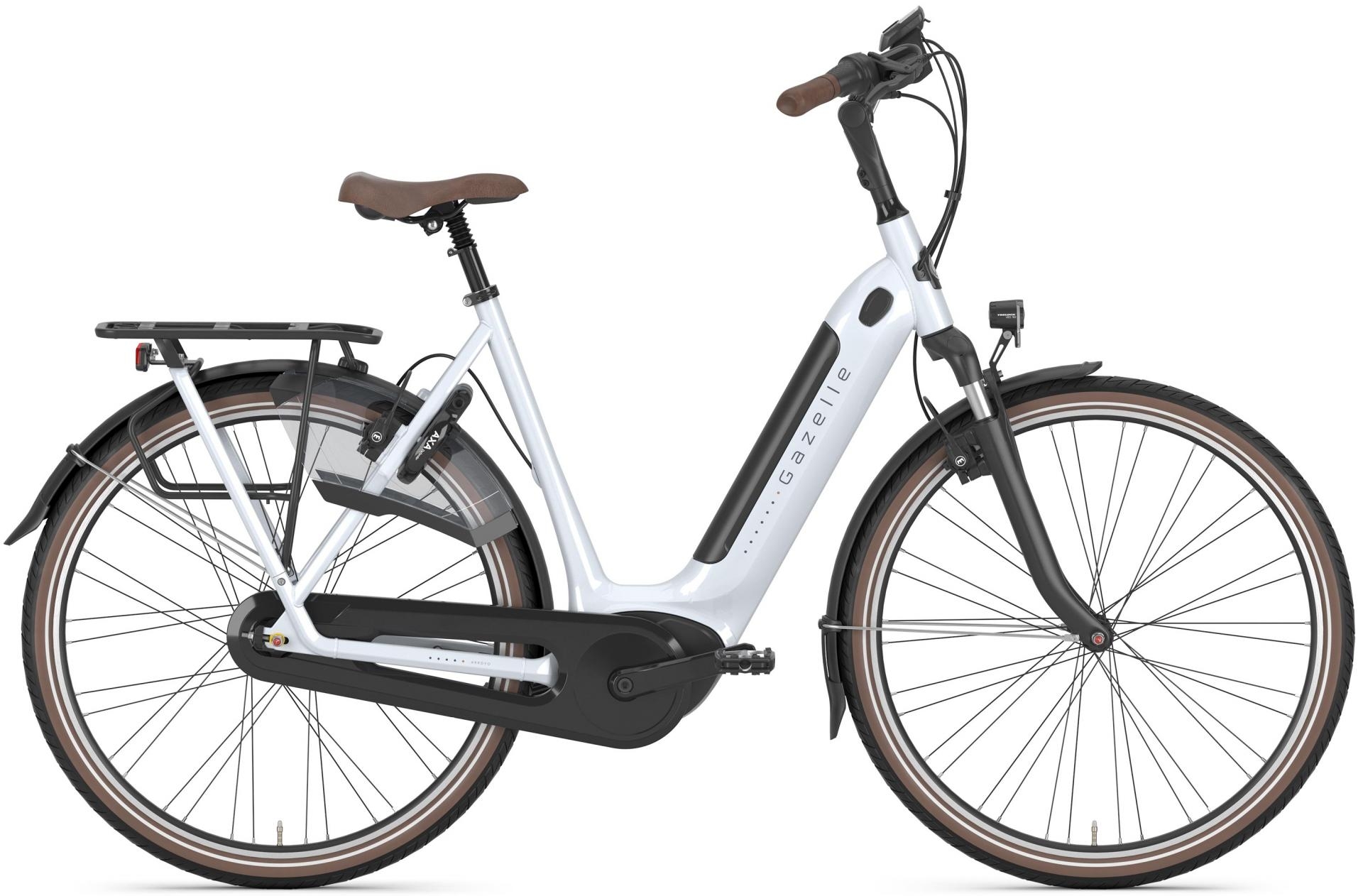 Elegantes Gazelle E-Bike mit tiefem Einstieg und praktischem Gepäckträger. Ideal für komfortables und stilvolles Fa