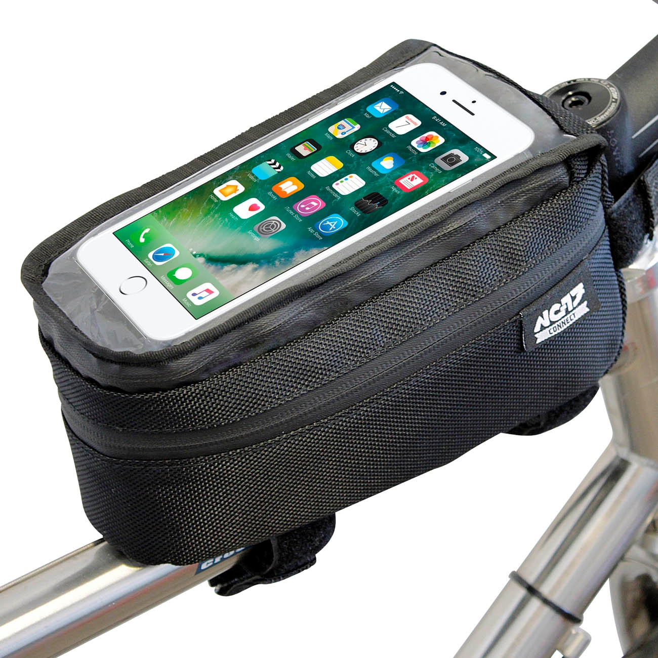Praktische AGU Rahmentasche fürs Fahrrad mit integrierter Handyhalterung. Ideal für Navigation und Schutz Ihres Sma