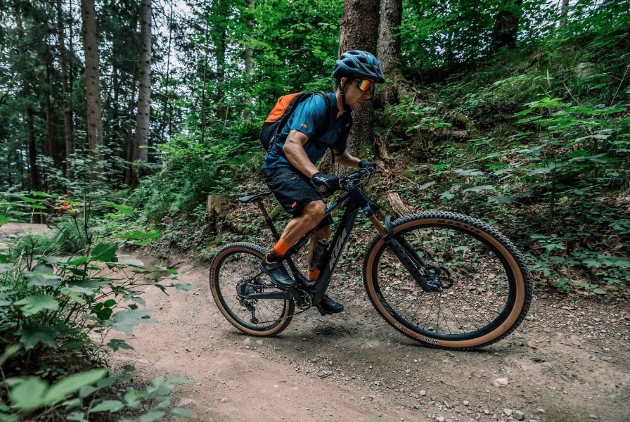 Mountainbiker auf KTM-Fahrrad im Wald auf steinigem Weg