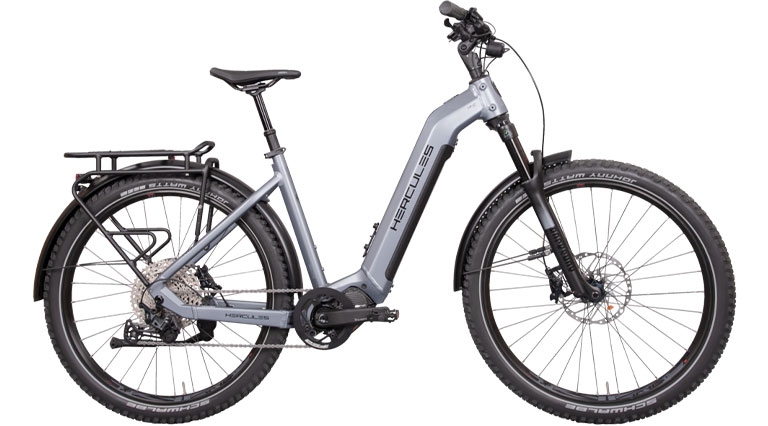 Leistungsstarkes Hercules SUV 2.1 E-Bike in elegantem Grau für anspruchsvolle Fahrten auf jedem Terrain.