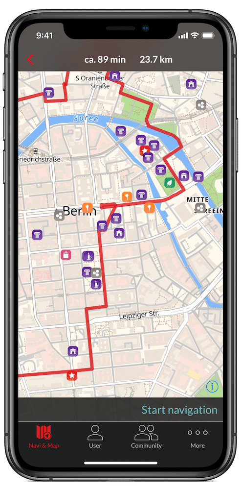 Interaktive Kartenansicht auf Smartphone. Zeigt Routendetails in Berlin mit Symbolen für Sehenswürdigkeiten und POI