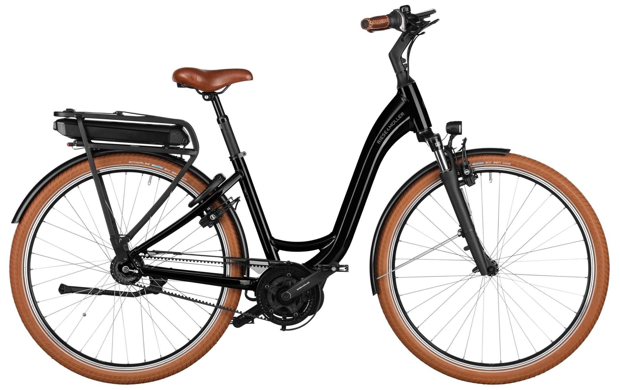 Schwarzes E-Bike mit braunen Reifen und Sattel seitlich