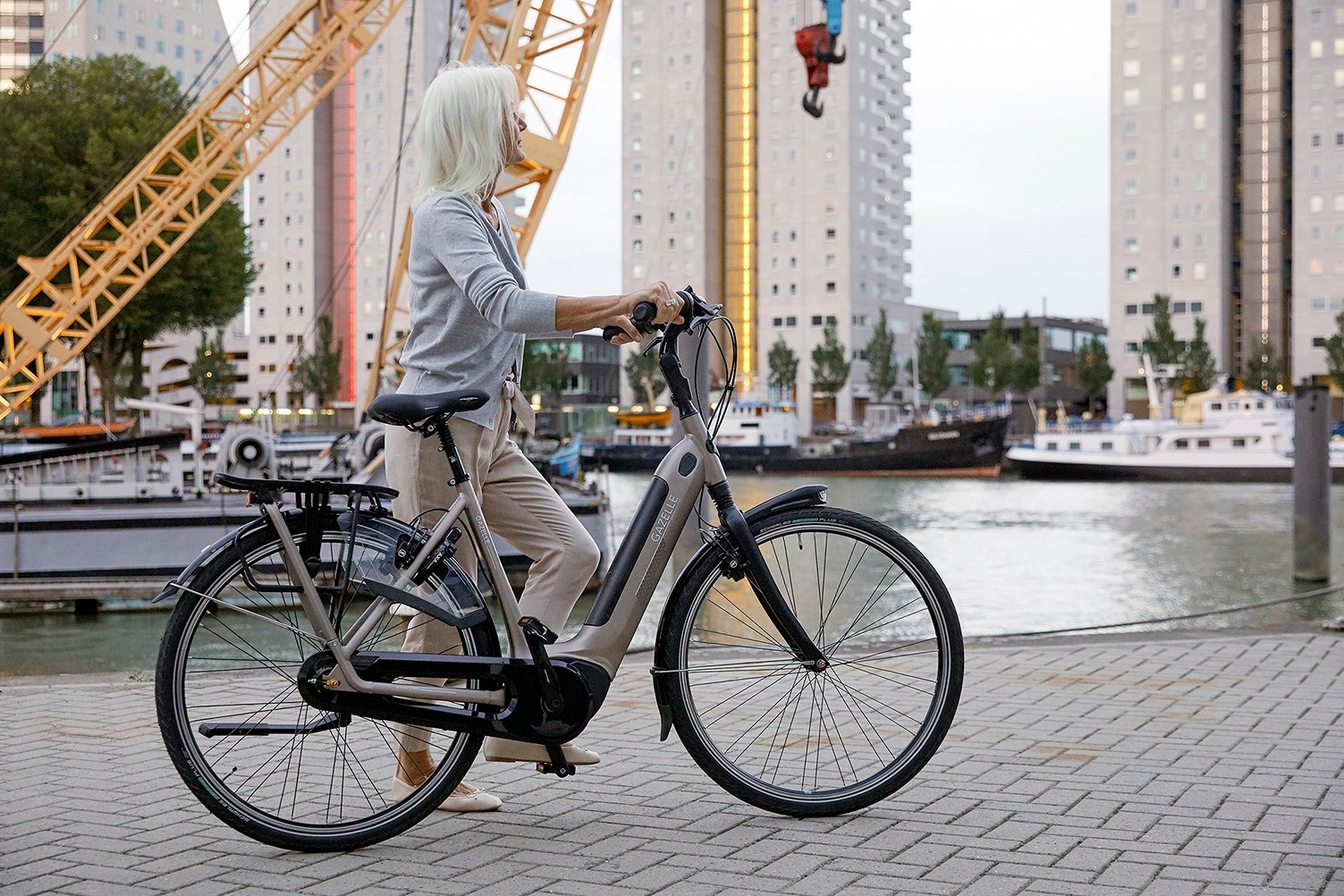 Auf dem Bild ist eine Person zu sehen, die ein E-Bike des Modells Gazelle Arroyo C5 HMB Elite führt.