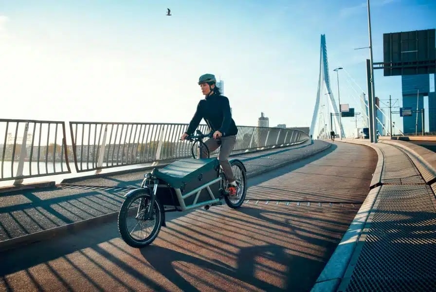 Person fährt Lastenrad auf Brücke bei Sonnenschein