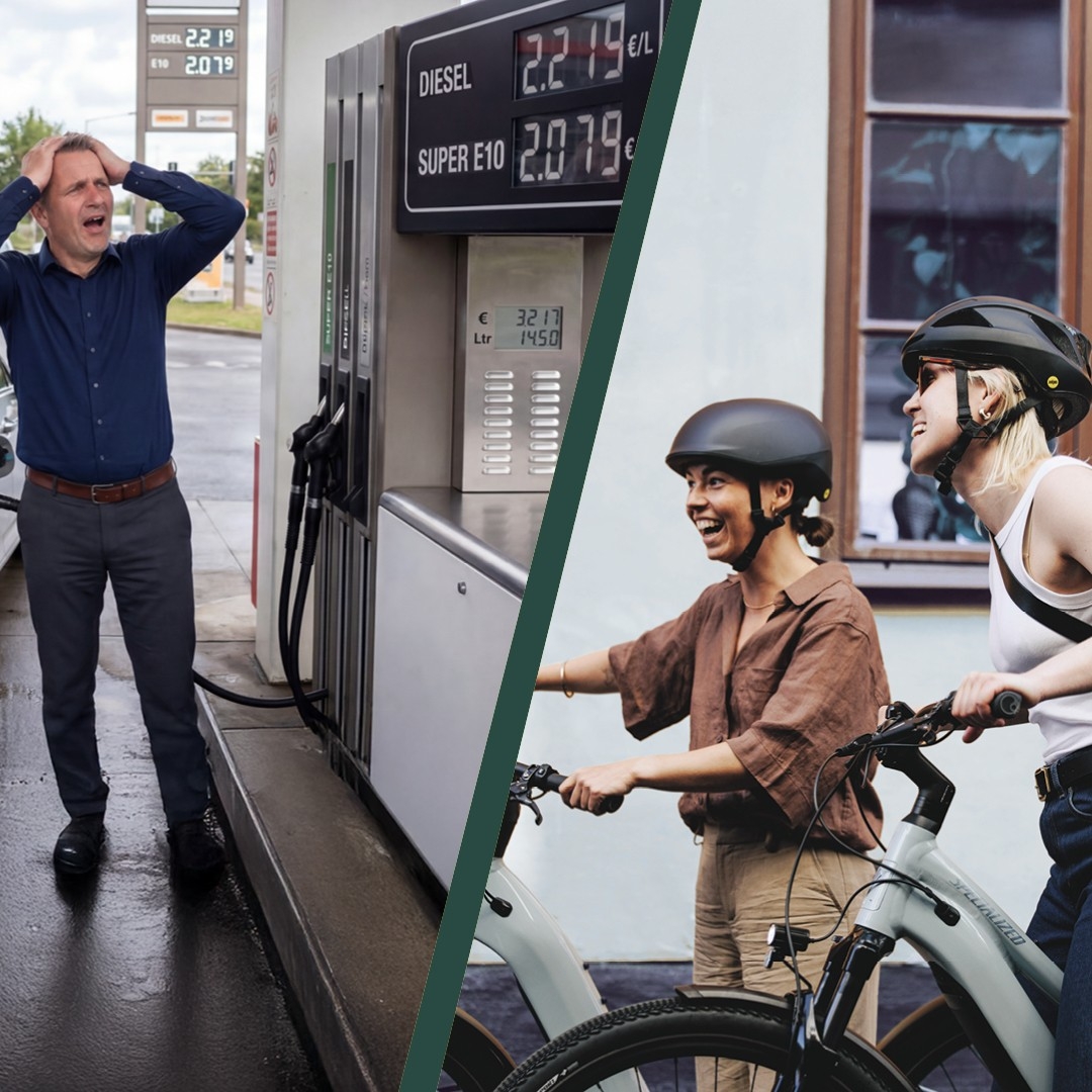 Vergleichsbild ein Mann tankt und ärgert sich über die hohen Spritpreise daneben lachende Frauen mit ihren e-Bikes