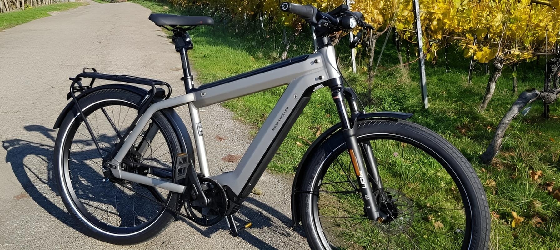 Graues Riese & Müller Supercharger E-Bike auf ländlichem Weg