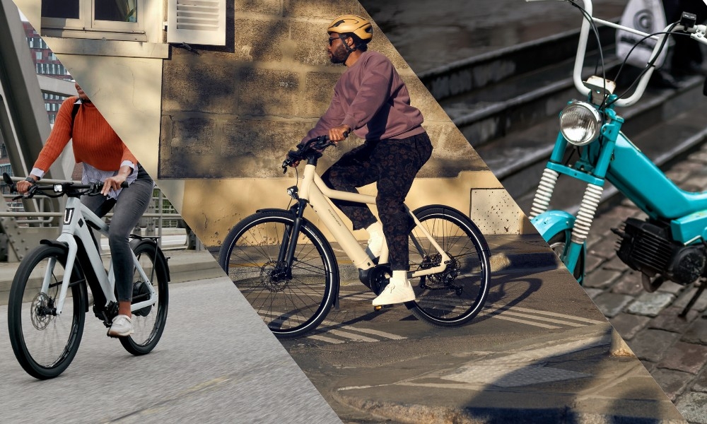 Das Bild zeigt drei verschiedene Typen von e-Bikes: ein S-Pedelec, ein Pedelec und ein klassisches e-Bike.