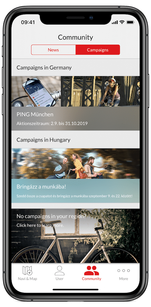Entdecken Sie Fahrradkampagnen in Deutschland und Ungarn über die Community-App. Perfekt, um Teil aktiver Radtouren