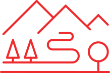 Minimalistisches Icon mit Bergen und Pfad, ideal für Outdoor- und Sportunternehmen.